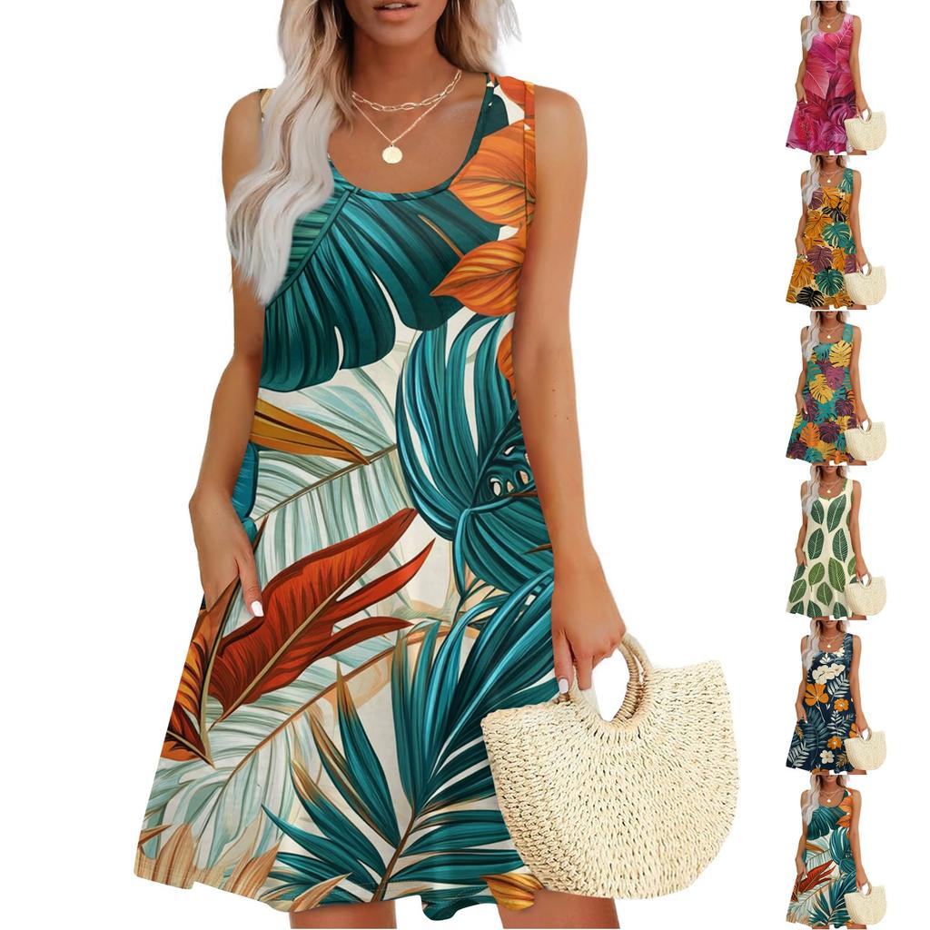 Женское повседневное модное платье с принтом и U-образным вырезом без рукавов