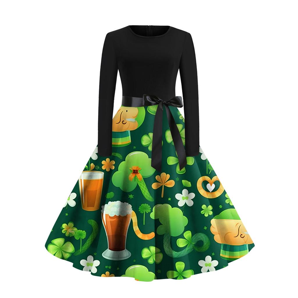 Women's Vintage Classic Dress Long Sleeve Valentine's Day Print Round Neck Swing Dress