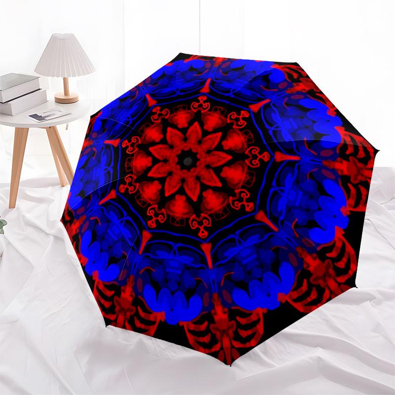 1pc Red Blue Mandala Pattern Fashionable Automatic Opening/Closing Folding Umbrella with 8 Iron Bones, Plastic Handle yy251015099