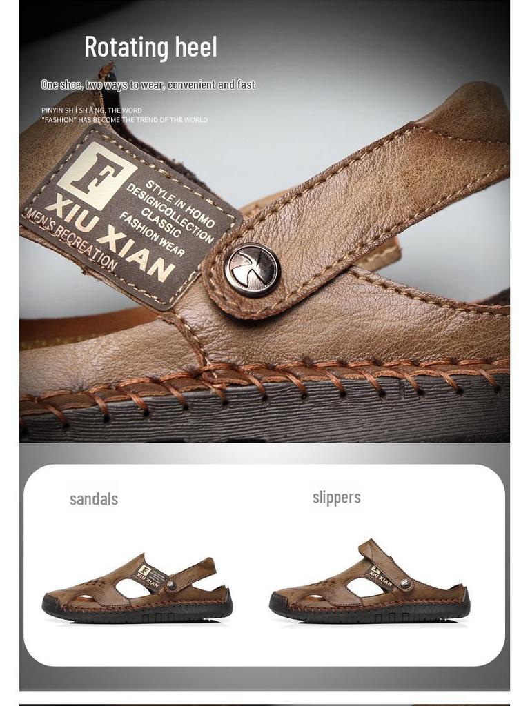 Мужские сандалии Baotou из натуральной кожи Cross-Border: Нескользящая обувь с мягкой подошвой, двойного назначения: для отдыха на природе и повседневного отдыха на пляже.