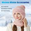 3 In 1 Women Knitted Scarf Hat Plush Ball Decor Windproof Warm Snow Cap Solid Color Fleece Lining Outdoor Activity Hat