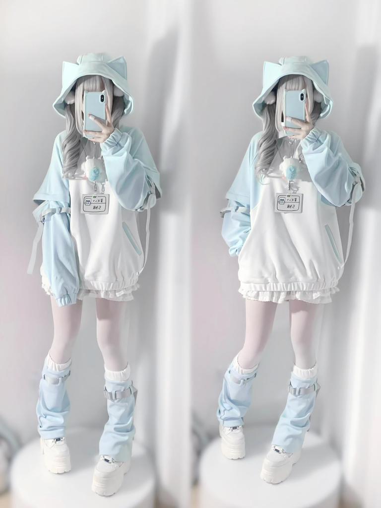 Light Blue Cat Ear Hoodie Landmine Leg Removable Long Short Y2K Sickly Loose Light XL [XHSUKADO] 2-Piece Set, Punk, Subculture, Angel, Style, Women's,