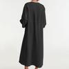 Women's Fashion Solid Color Round Neck Cotton Linen Long Sleeved Casual Pleated Double-sided Pocket Dress