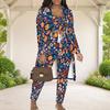 Women Plus Size Teal Floral Printed 3 Piece Set Long Sleeve Open Front Cardigan Crop Top Long Pants