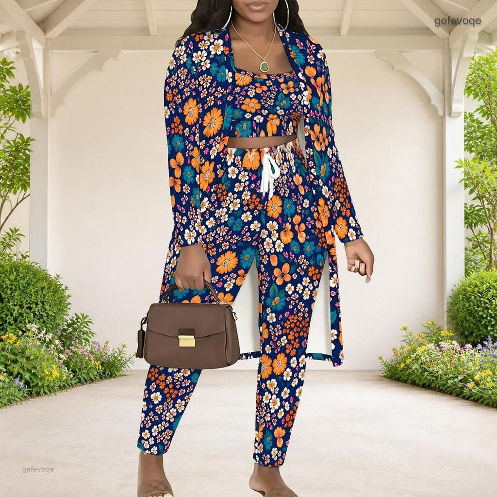 Women Plus Size Teal Floral Printed 3 Piece Set Long Sleeve Open Front Cardigan Crop Top Long Pants