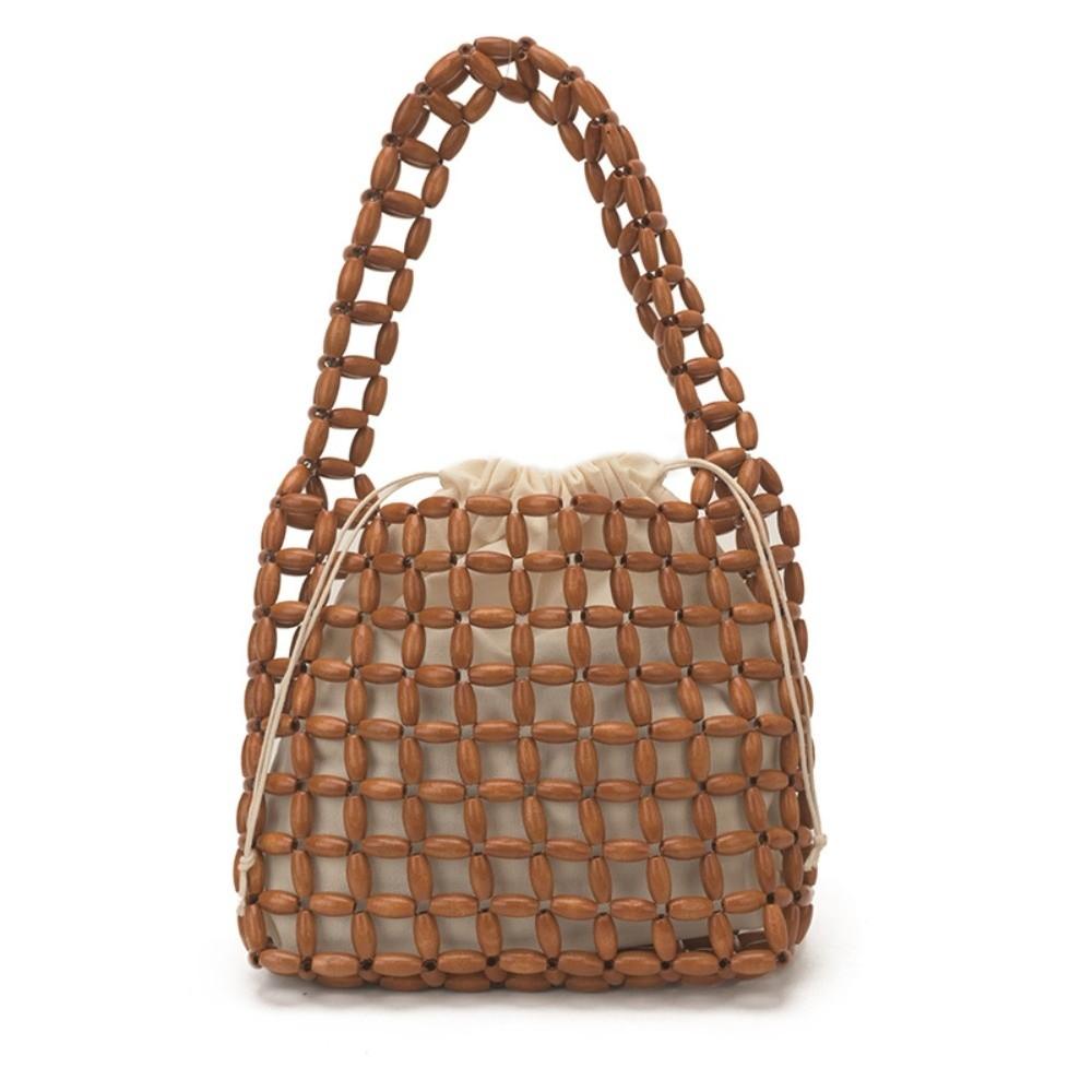 Trendy Woven Wooden Bead Bag Hollow-out Bohemian Summer Beach Bag Exquisite Smooth Handbag for Women Summer Season