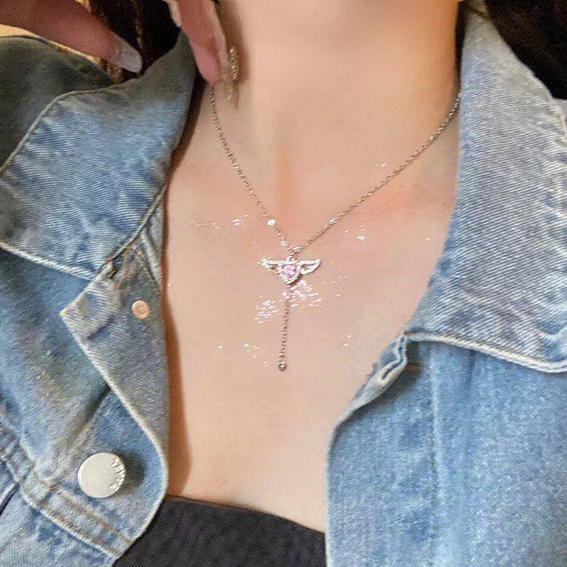 Розовые Крылья Ангела Сердце Кулон Ожерелье Серьги с Бахромой Женские Ювелирные Изделия