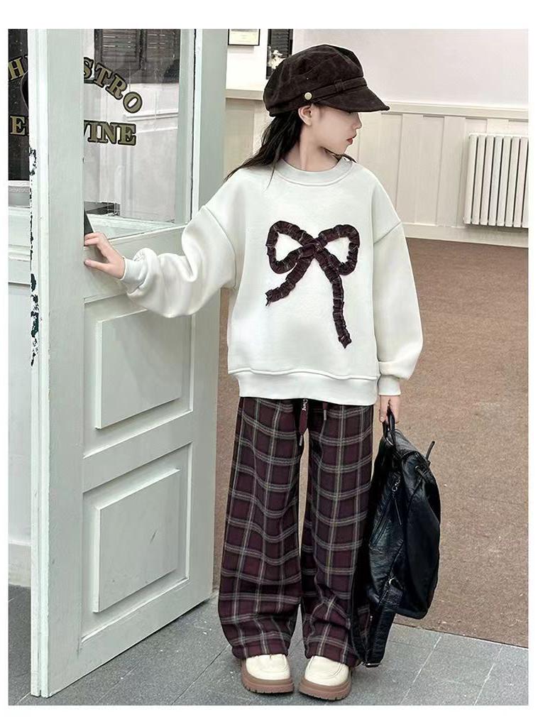 Модный клетчатый брючный костюм для девочек и толстовка с бантом - Осень/Зима 2025