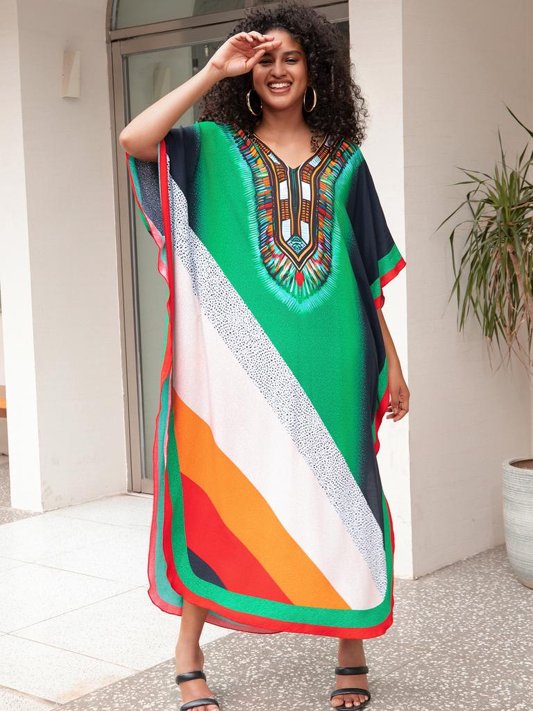 Printed Beach Dresses Viscose Kaftans for Women Summer Plus Size Loose Robe Holiday Living Room Bathing Suits