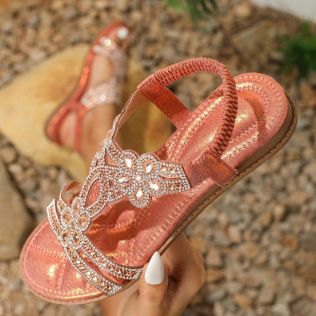 Удобная женская обувь, сандалии на плоской подошве со стразами, повседневные полые сандалии большого размера