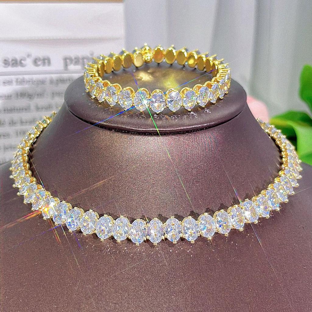 CMM 2 шт. Высокое качество свадебный комплект ювелирных изделий сверкающий овальный AAA CZ цирконий регулируемый открытый круглый колье-колье браслет для женщин