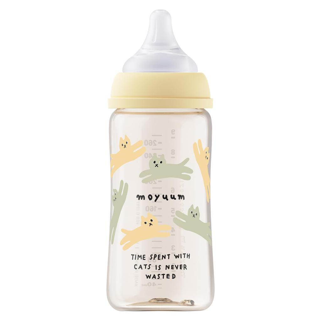 MOYUUM Plastic Baby Bottle, Cat's Yellow, 270ml (PPSU), for Ages 3 Months and Up, Wide Neck, Round Hole, 2025 Model