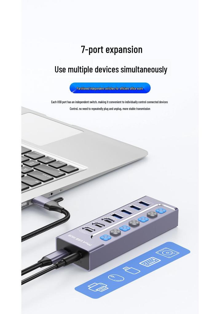 USB 3.0 7-портовый концентратор-разветвитель, док-станция 10 Гбит/с с независимыми переключателями