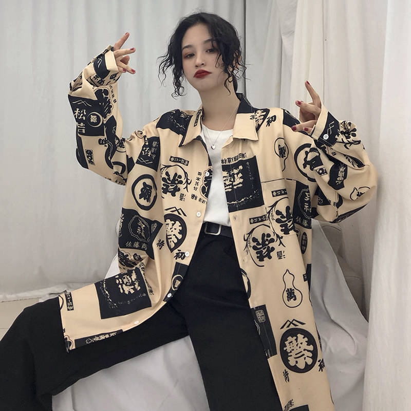 Блузка Harajuku, рубашка для пары, женская, мужская, одежда, блузки, длинные рубашки Bf, весна-осень, отложной воротник, повседневный топ