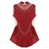 Womens Ballet Gymnastics Dress Rhinestones Figure Ice Skating Leotard Sleeveless Sheer Mesh Patchwork Tassel Skirted Bodysuit
