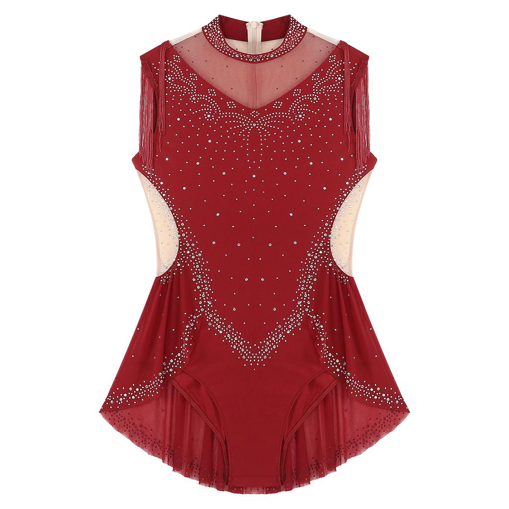 Womens Ballet Gymnastics Dress Rhinestones Figure Ice Skating Leotard Sleeveless Sheer Mesh Patchwork Tassel Skirted Bodysuit