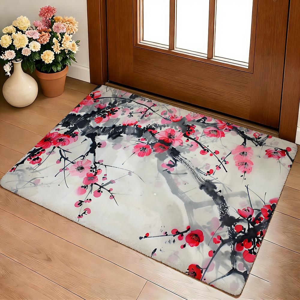 Plum Blossom Flower Floor Mat Cozy Flannel Soft Thick Non-Slip Mat For Living Room Bedroom Kitchen Decor Rugs