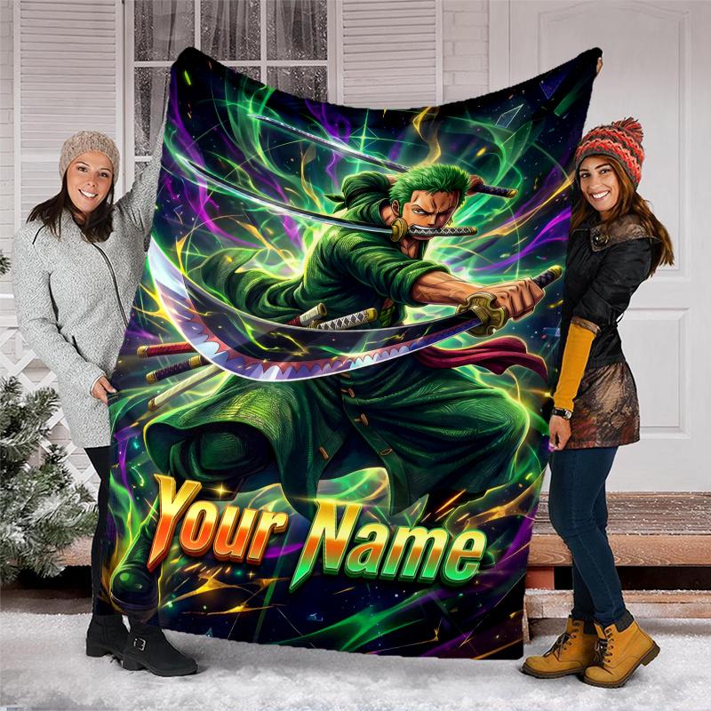 1pc Personalized Name Zoro Theme Blanket - Digital Print, Polyester, Cozy for All Seasons, Perfect for Outdoor, and Travel