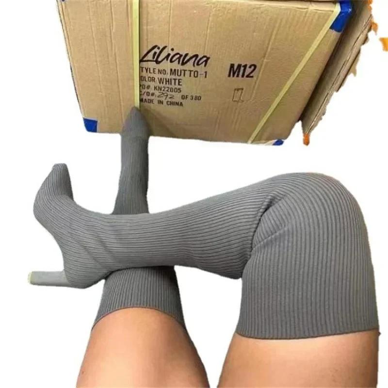 Сексуальные тонкие эластичные сапоги выше колена коричневые фиолетовые с острым носком на высоком каблуке женские туфли вязаные тонкие носки сапоги большие