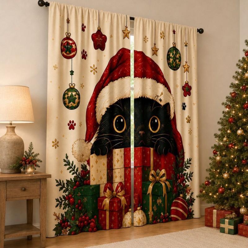 Christmas Print Blackout Curtains Living Room Bedroom - American Style Cat Ready-Made Window Treatment Set