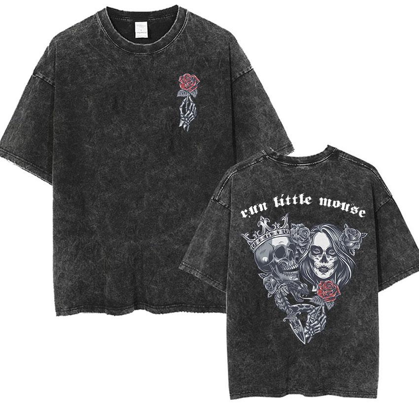 IICYIFY Mens Skull Vintage Washed Tshirts Run Little Mouse Print Short Sleeve Tshirt Yk Unisex Punk Gothic Clothing T Shirt
