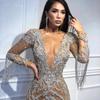 2025 Spring and Summer New Women's Clothing Deep V Long-sleeved Gold Dress Long Dress, Dress