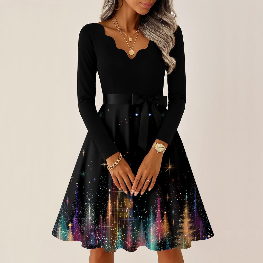 Women's Casual Fashion V-neck Long Sleeved Retro Christmas Print Retro Dress