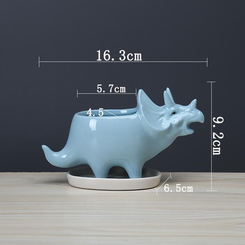 Creative Triangle Dinosaur Succulent Flower Pot Indoor Desktop White Ceramic Flower Pot With Tray