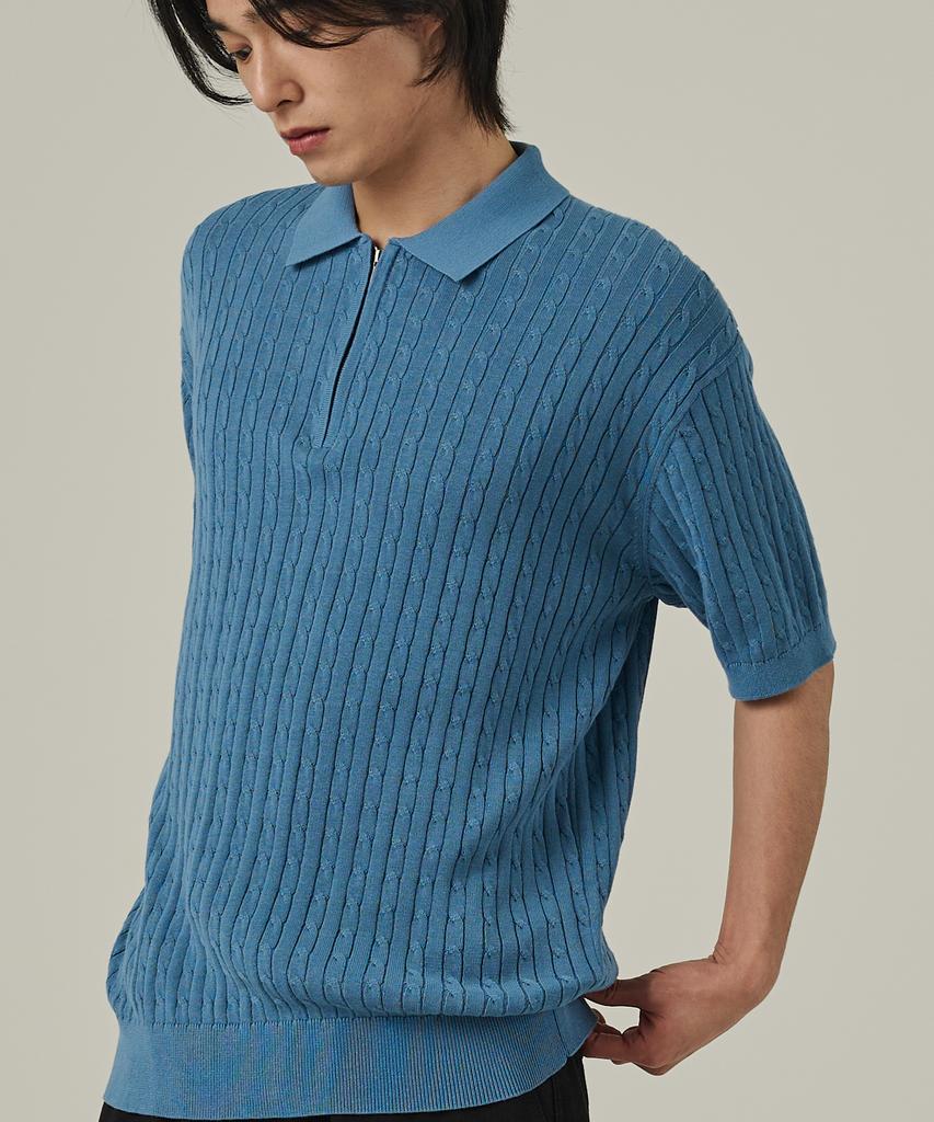 ANALOG MOOD Cable Half-Zip Collar Short-Sleeve Knit (Sky Blue)