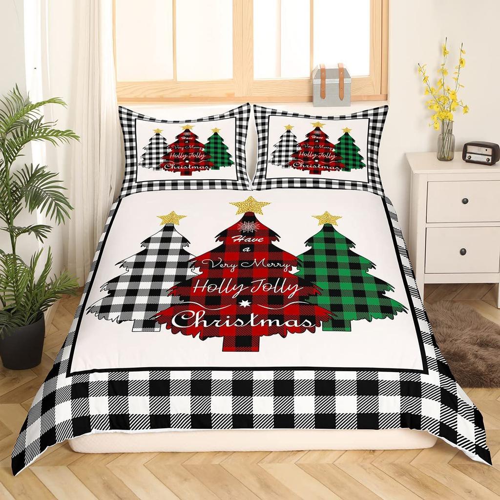 Geometric Grid Christmas Tree Three-Piece Digital Printed Bedding Set Bed Cover