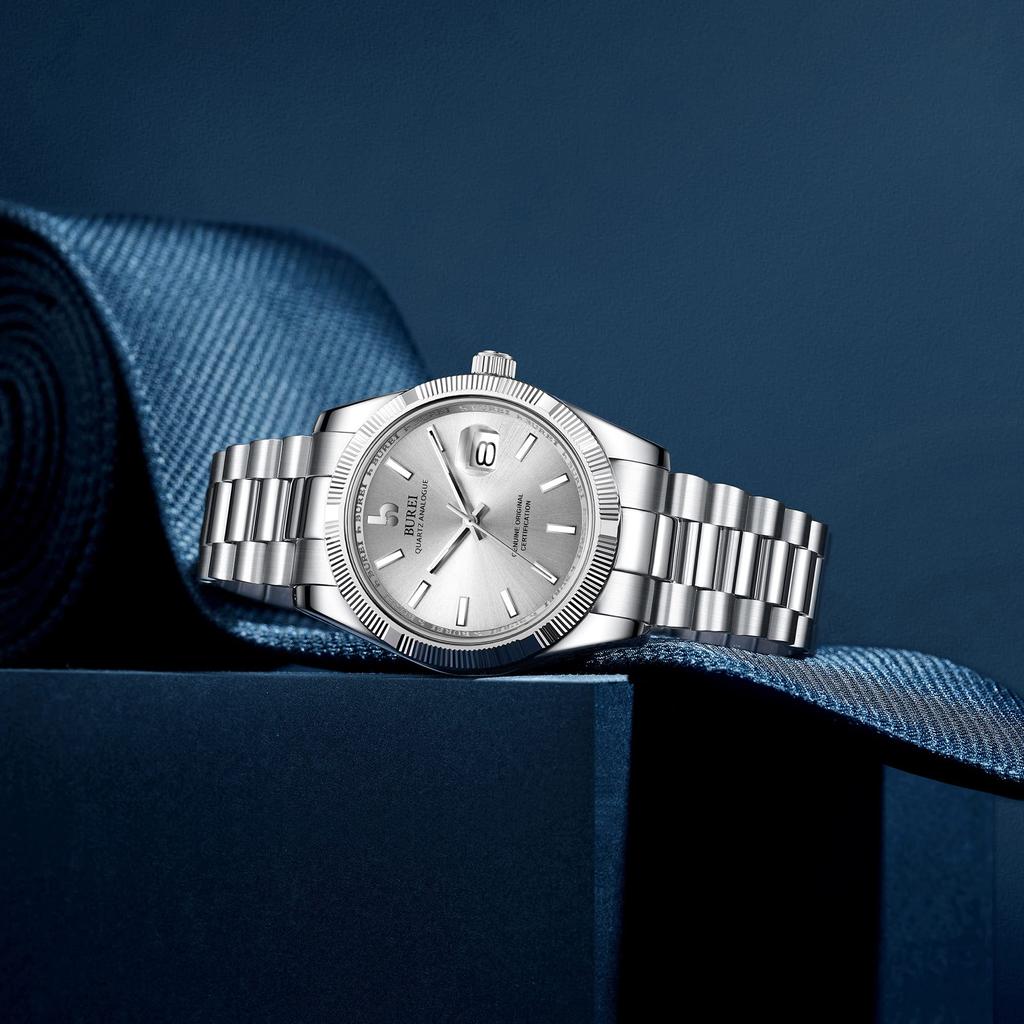 BUREI Аналоговые Популярные Водонепроницаемые Кварцевые Деловые Светящиеся Подарок на День рождения Мужские Часы, Бренд, Механизм, Часы, Модные, Простые, Серебристо-Белые Часы,