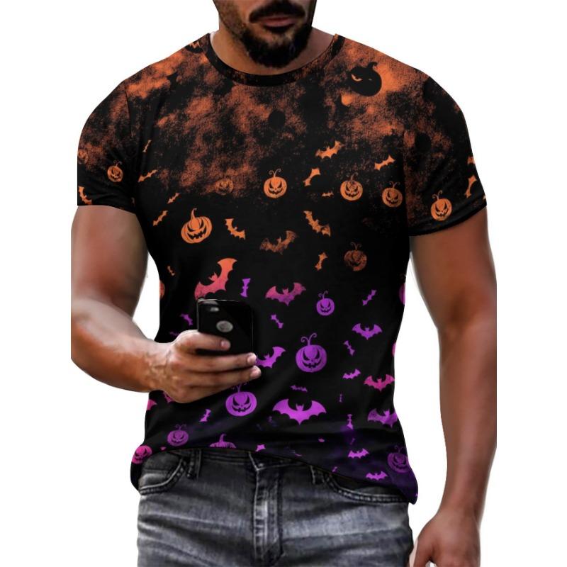 Men's Halloween 3D Pumpkin Bat Printed T-Shirt Casual Short Sleeve Crewneck Top Cool Spooky Jack-O-Lantern Orange Purple Graphic Summer Streetwear Tee