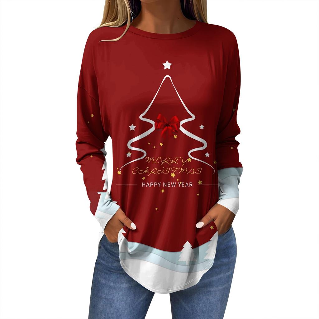 Женская модная повседневная футболка с круглым вырезом и длинным рукавом с рождественским принтом