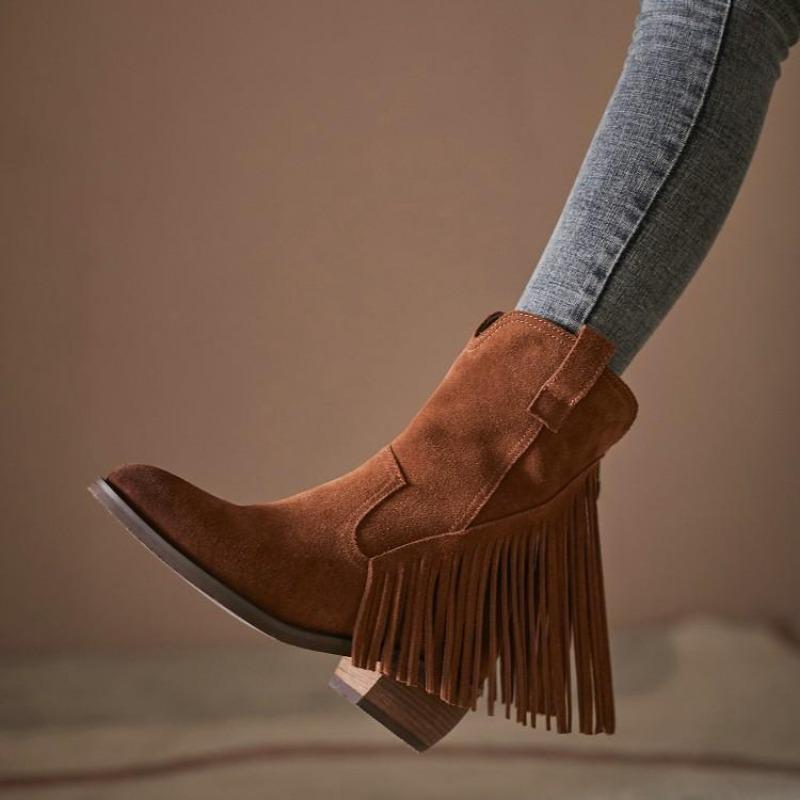 Fashion Ladies Mid Calf Shoes Tassel Brown Women's Half High Boots Wedge Heel Quality On Promotion Footwear Winter 2024 Novelty Gothic