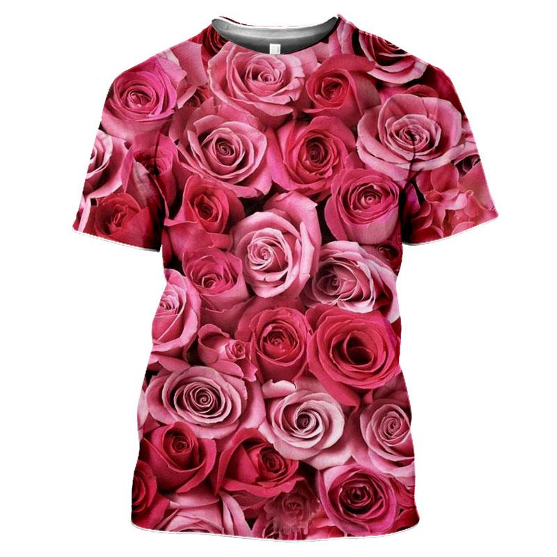 Summer Round Neck 3D Flower Pattern Printed Top Fashionable Casual Short Sleeved Women's T-shirts