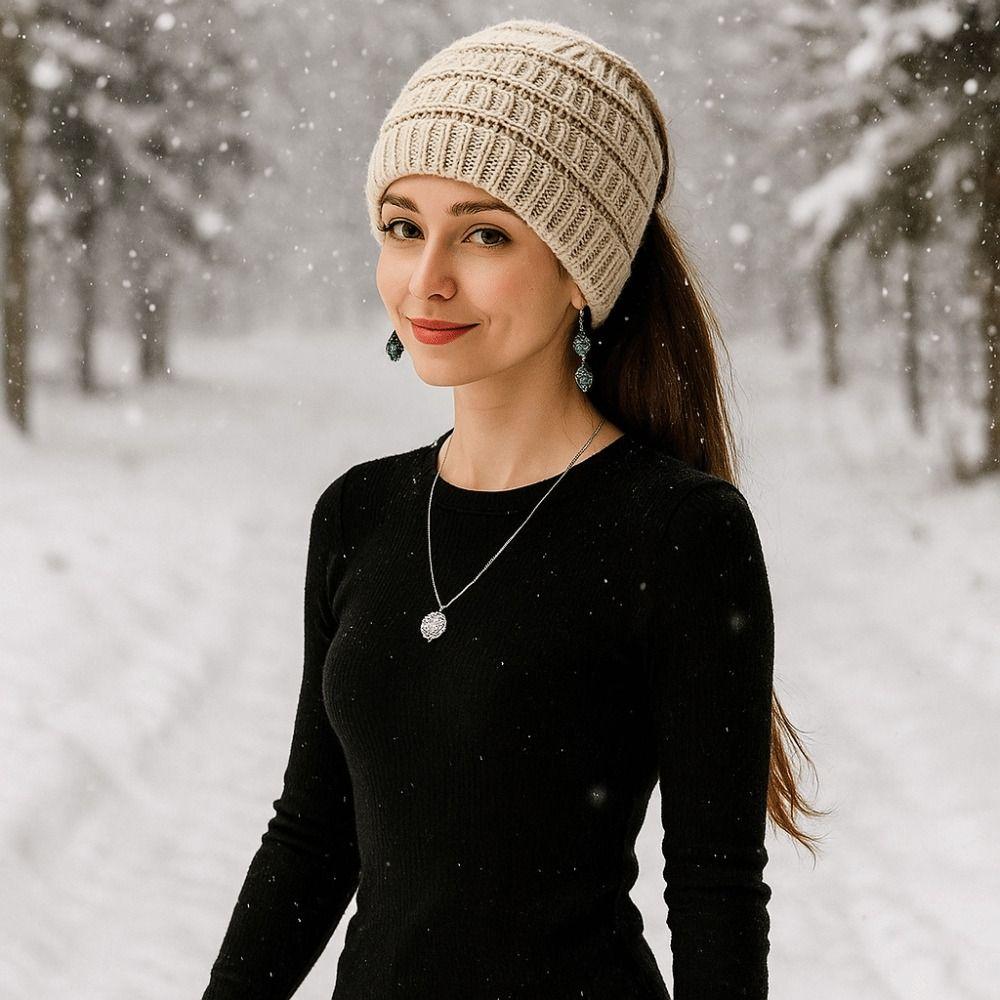 Headwear Ponytail Beanie Hat Solid Color Knitting Headband Warm Women's Hat Autumn