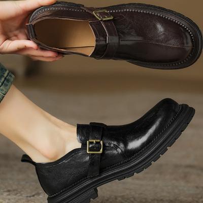 Изящные кожаные туфли-одинарки женские весенне-осенние в британском стиле, ретро, универсальные, маленькие кожаные туфли на толстой подошве, лоферы на низком ходу, без застежки