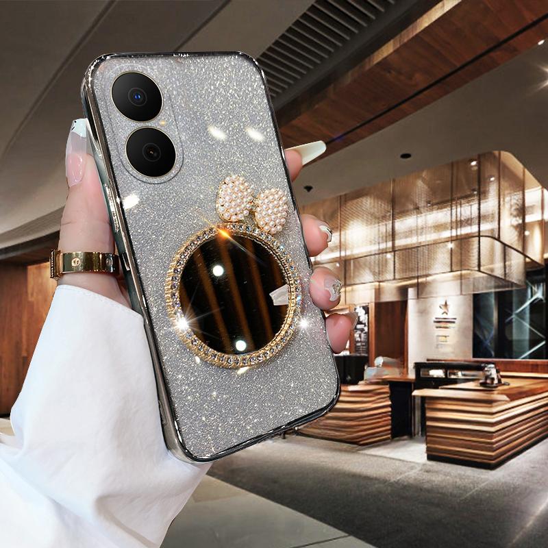 For Huawei Nova Y73 Case with Bow Makeup Mirror Luxury Shiny Gradient Clear Plating Glitter Girls Slim for Huawei Nova Y73 Back Cover