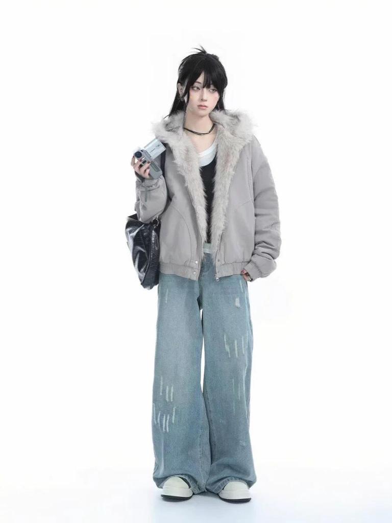 Женская американская ретро куртка с меховым воротником с изображением горного орла - Зимнее утепленное хлопковое пальто для миниатюрных женщин с капюшоном