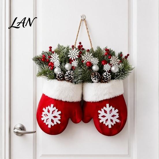 Holiday Front Door Decor Christmas Mitten/Stocking Wreath, Decorative Artificial Wreath with Berries Pine Cones, Cone Berry Branches, Hanging