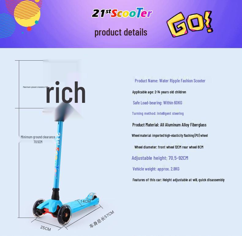 21st Water Ripple Kids' Scooter, Light-Up Wheels, Ages 2-15