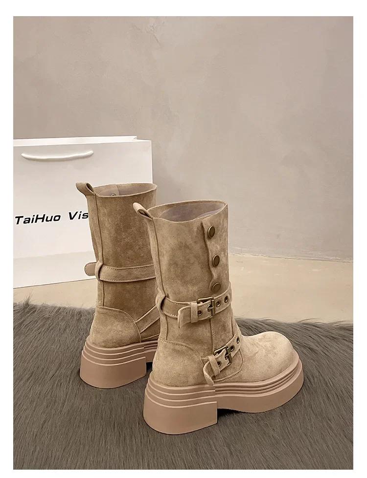 Women's Long Boots Fashion Platform Height Increasing Outdoor Knight Boots 2025 Spring Autumn New Retro Belt Buckle Women Shoes