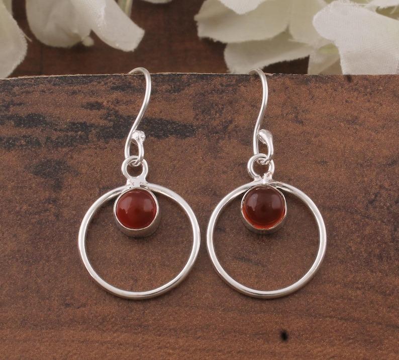Solid 925 Sterling Silver Carnelian Gemstone Round Earrings, Handmade Earrings, Gift For Her Silver Jewelry