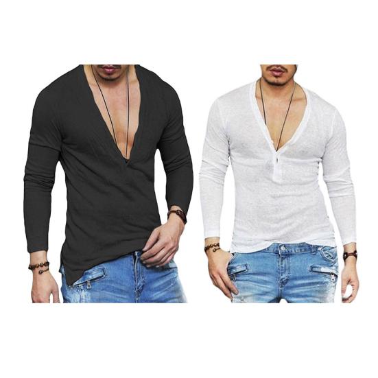 Men T-shirt V-neck Buttons Half Placket Long Sleeve Tee Shirt Solid Color Slim Fit Regular Style Breathable Tops