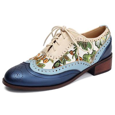 2025 Новый Дизайн Женские Туфли-Лодочки Круглый Носок Толстый Каблук 3.5см Шнуровка Комбинированный Цвет Цветок Большой Размер 41 42 43 Модная Обувь