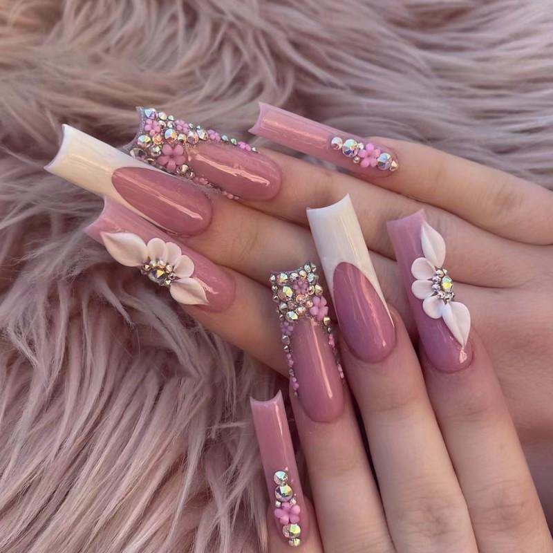 Long Press-On Nail Tips Women - Removable Acrylic Art Set Sweet Style Gel Glue Jelly Adhesive Options