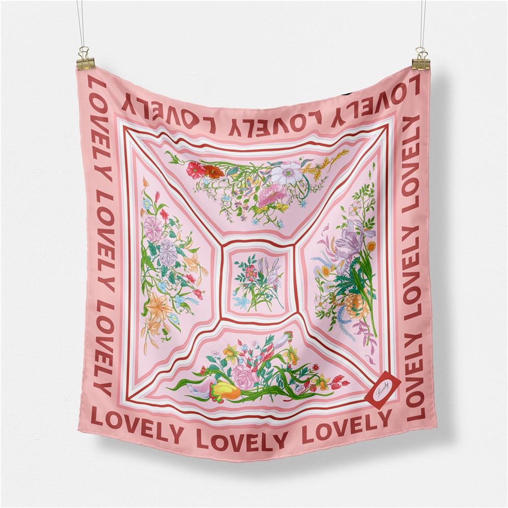 Twill Silk Scarf Woman Floral Painting Square Scarves Wraps Bandana Small Hijab Silk Foulards Tie Headband Neckerchief 53CM