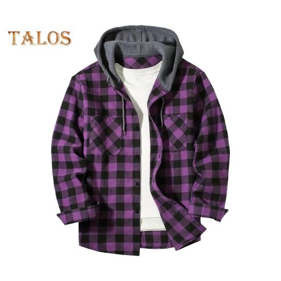 Fall Spring Men Shirt Hooded Drawstring Long Sleeves Color Matching Plaid Print Single-breasted Daily Wear School Home Shirt Coat