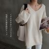 Knit Long Sleeve Loose Side Casual Top for Korean Perfect for Winter [OGCPWYQZ] Women's Sweater, V-Neck Top, Blouse, Fit, Slits, Flattering, Slimming,