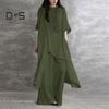 2Pcs/Set Cotton Linen Tops Pants Set O-neck Half Sleeve Irregular Hem Tops High Waist Long Pants Set Solid Color Casual Outfit